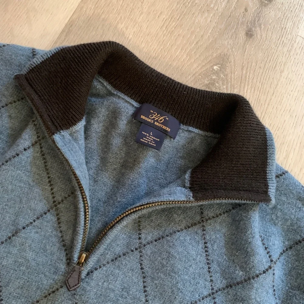 Brooks Brothers 346 Mens Large Merino Wool Argyle Quarter Zip Sweater Blue Brown
